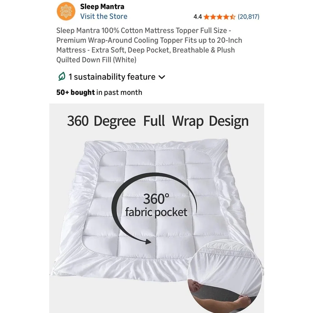 Sleep Mantra King Cotton Mattress Topper Cooling Quilted Down Alternative White